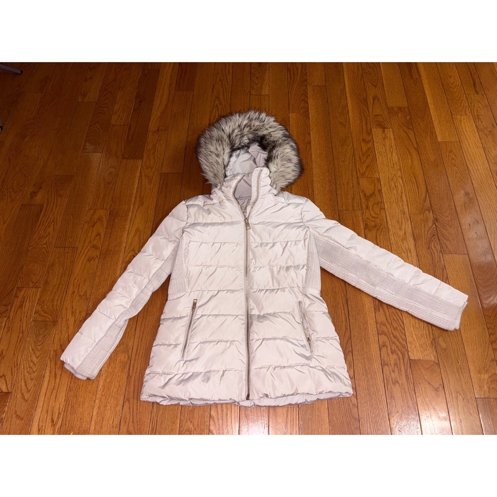 Michael Kors Cream Puffer Jacket Faux Fur Hood Smocked Quilted Coat Womens Large
